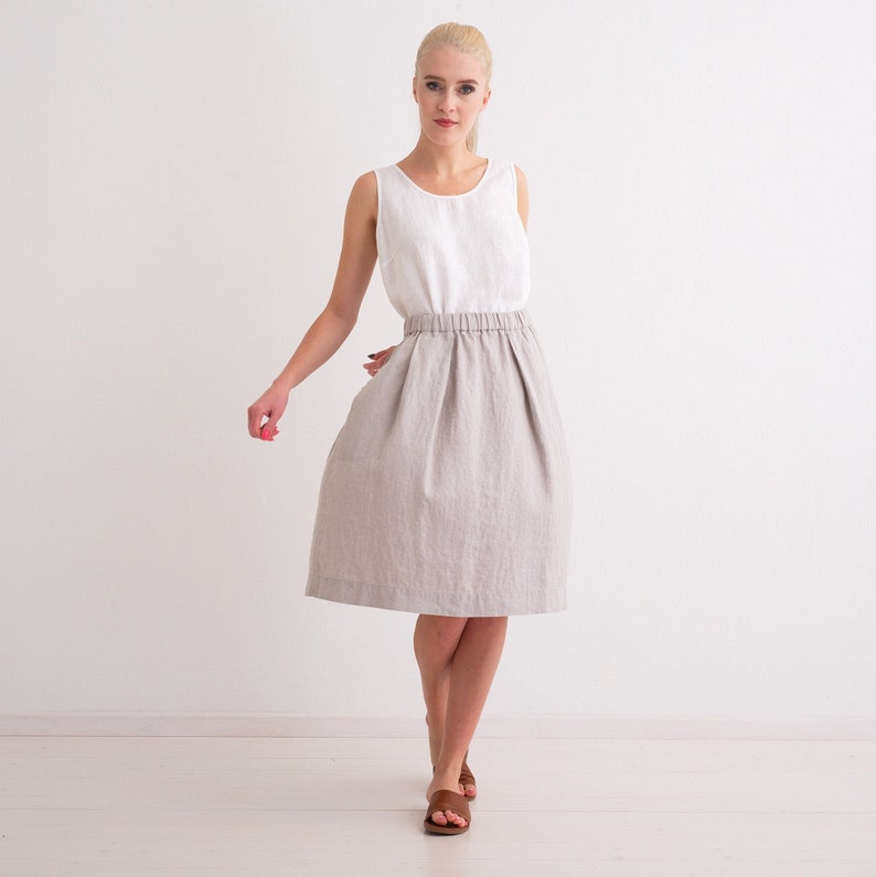 Linen Skirt, Linen Skirt with Pockets, Pleated Elastic Waist Linen Skirt 3. Light Gray