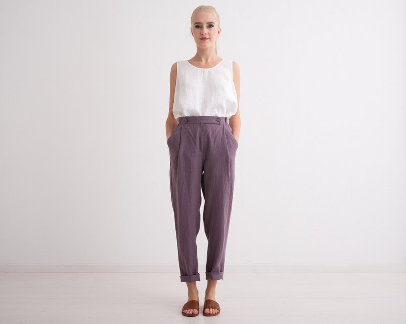 Women Linen Trousers, Elegant, Classic, High Waist Trousers with Pockets 13. Mauve