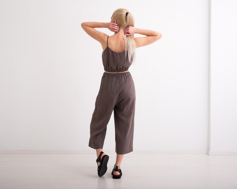 Linen culottes, Washed Linen Women Pants. Comfortable Wide Leg Trousers with Pockets and Elastic Waist. image 2
