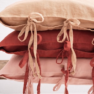 LINEN PILLOW COVER - Square Pillow Cover - Softened Pillow Case - Ties Pillow Case - Stylish Pillow  Cover - Organic Pillow Case