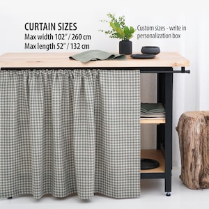 Cortinas de lino para la cocina, cortinas de lino a cuadros para la cocina, cenefas de privacidad para estantería, faldón para estantes y armarios.