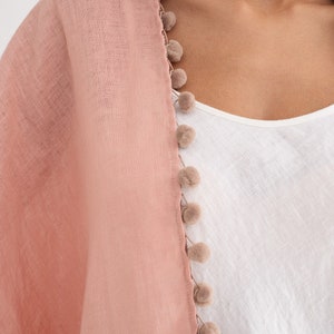 Linen Scarf. Linen Shawl. Linen Scarf with Pom-Pom trim. Paradise Peach Linen Scarf. image 4