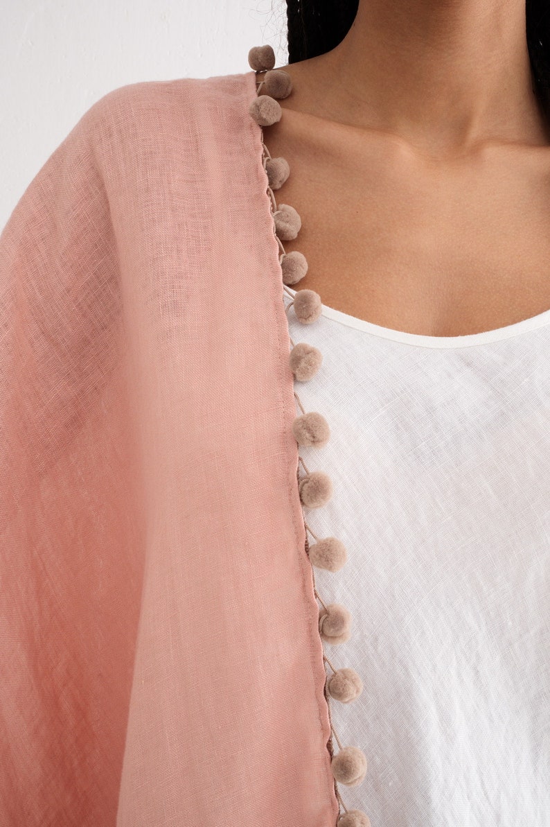 Linen Scarf. Linen Shawl. Linen Scarf with Pom-Pom trim. Paradise Peach Linen Scarf. image 4