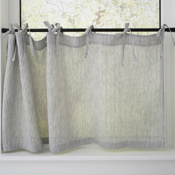 Semi Sheer Linen Curtains, Cafe Linen curtains, Drapery for Kitchen, Bathroom drapery Curtain with Ties