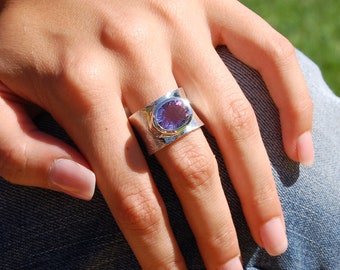 Sterling silver ring with amethyst 12 x 10 mm in concave cut by Peter Erker Article R07A