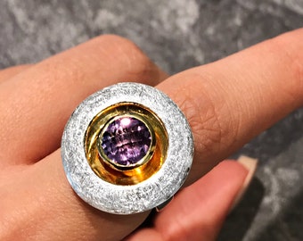 Beautiful amethyst gemstone ring round with sterling silver and gold plated base item R12A