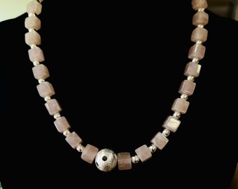 Beautiful rose quartz necklace with sterling silver beads, 50 cm, item SK36