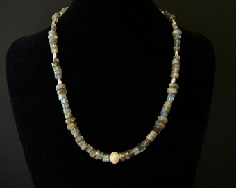 Fantastic labradorite necklace with pearl and sterling silver intermediate parts, 50 cm long, item SK19