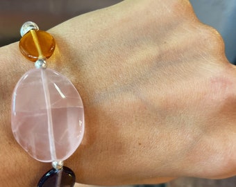 Handmade unique piece: bracelet made of rose quartz glass and silver balls (item number AB13)