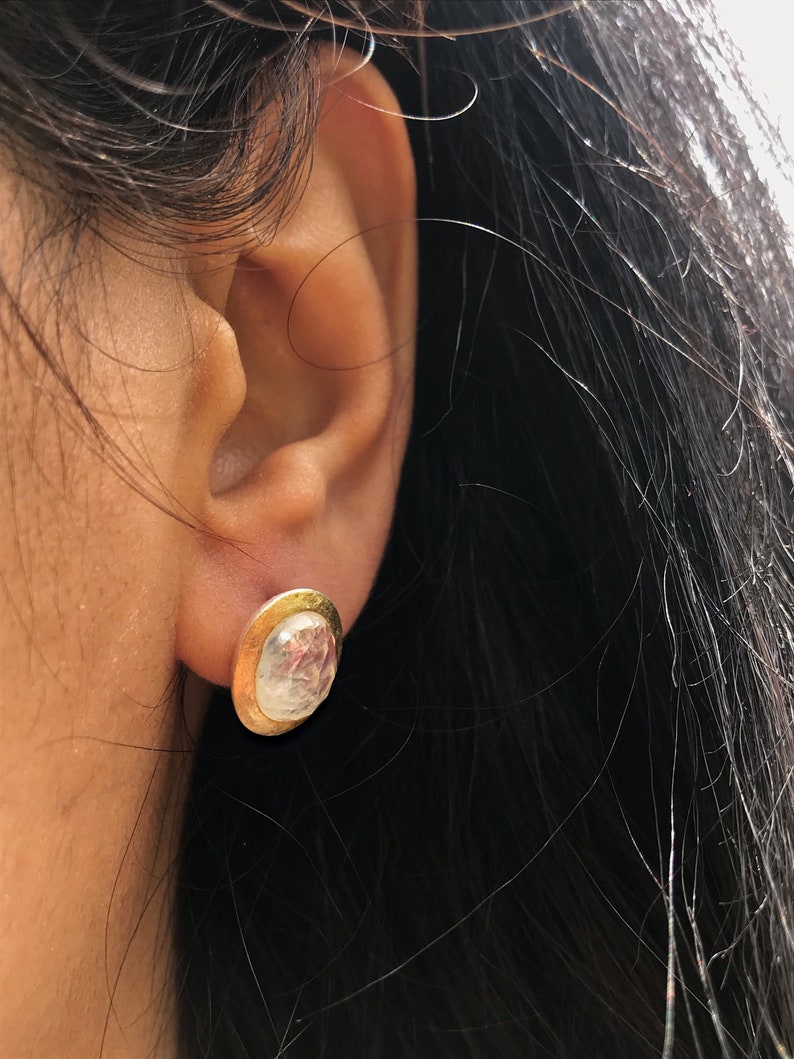 Dreamlike Labradorite stud earrings with gilded sterling silver Rainbow Moon Stone