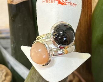 Sterling silver ring with star diopside and moonstone by Peter Erker item R44-57