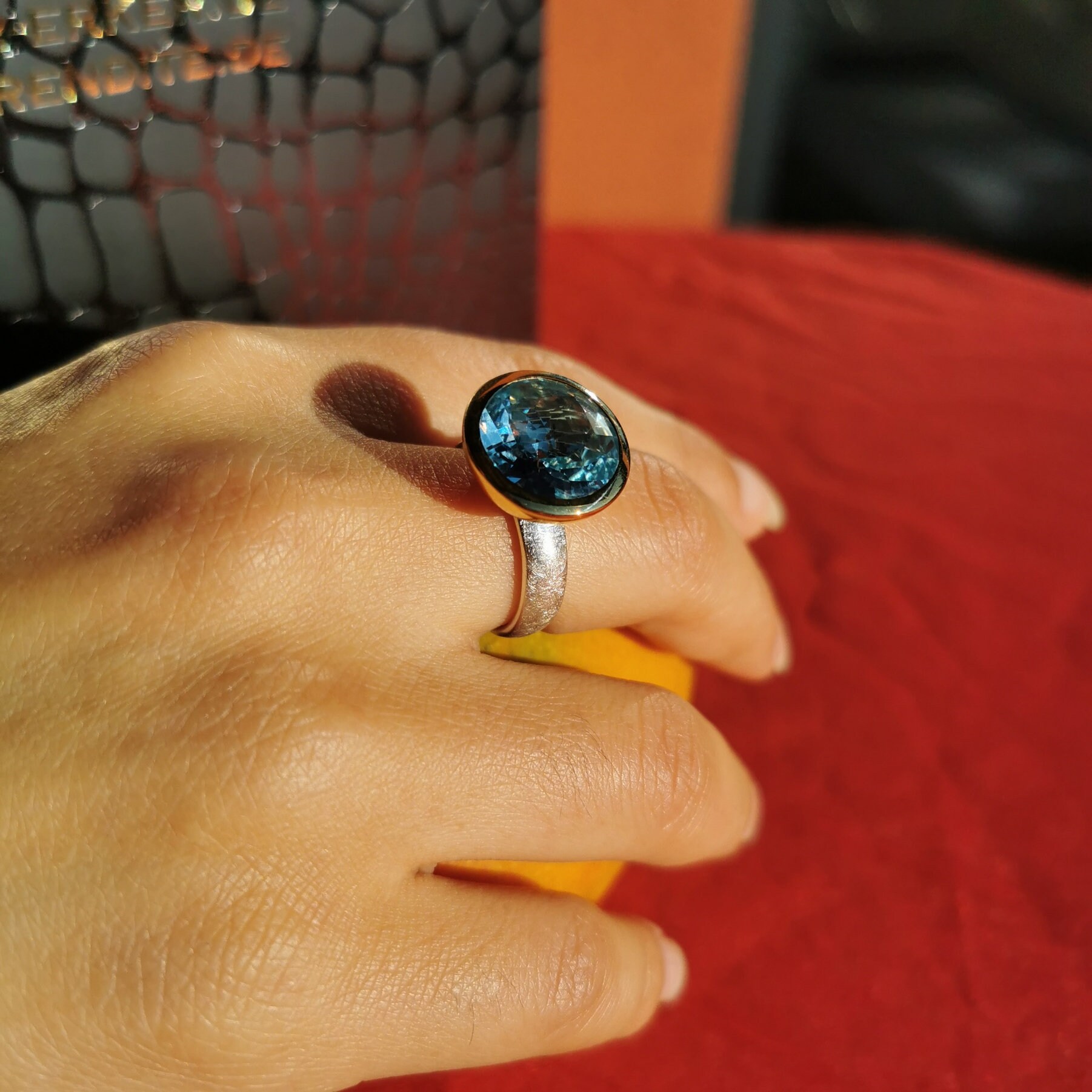 Sterling Silver Ring With Gold-plated Setting and Light Blue