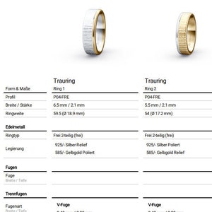 Op de afbeelding: Twee trouwringen, een met een witgouden en geelgouden band en de andere met een geelgouden en witgouden band. De ringen zijn beide 6,5 mm breed en 5,5 mm breed, respectievelijk. De ringen zijn beide 2,1 mm dik. De ringen zijn beide gemaakt van 925 sterling zilver en 585 geelgoud. De ringen zijn beide vrij 2-delig (vrij).
