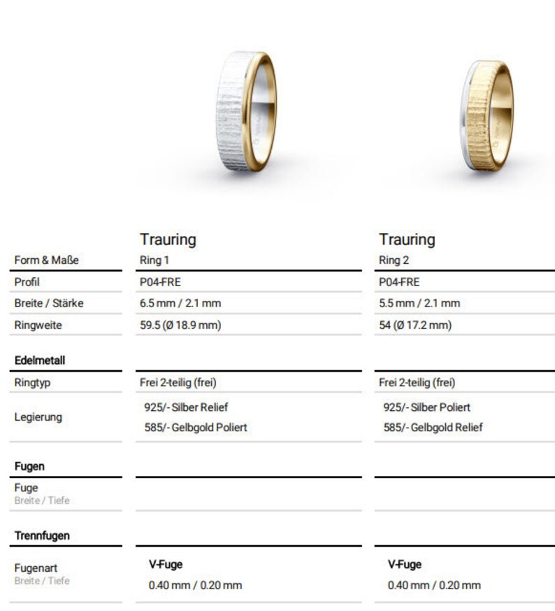 Op de afbeelding: Twee trouwringen, een met een witgouden en geelgouden band en de andere met een geelgouden en witgouden band. De ringen zijn beide 6,5 mm breed en 5,5 mm breed, respectievelijk. De ringen zijn beide 2,1 mm dik. De ringen zijn beide gemaakt van 925 sterling zilver en 585 geelgoud. De ringen zijn beide vrij 2-delig (vrij).