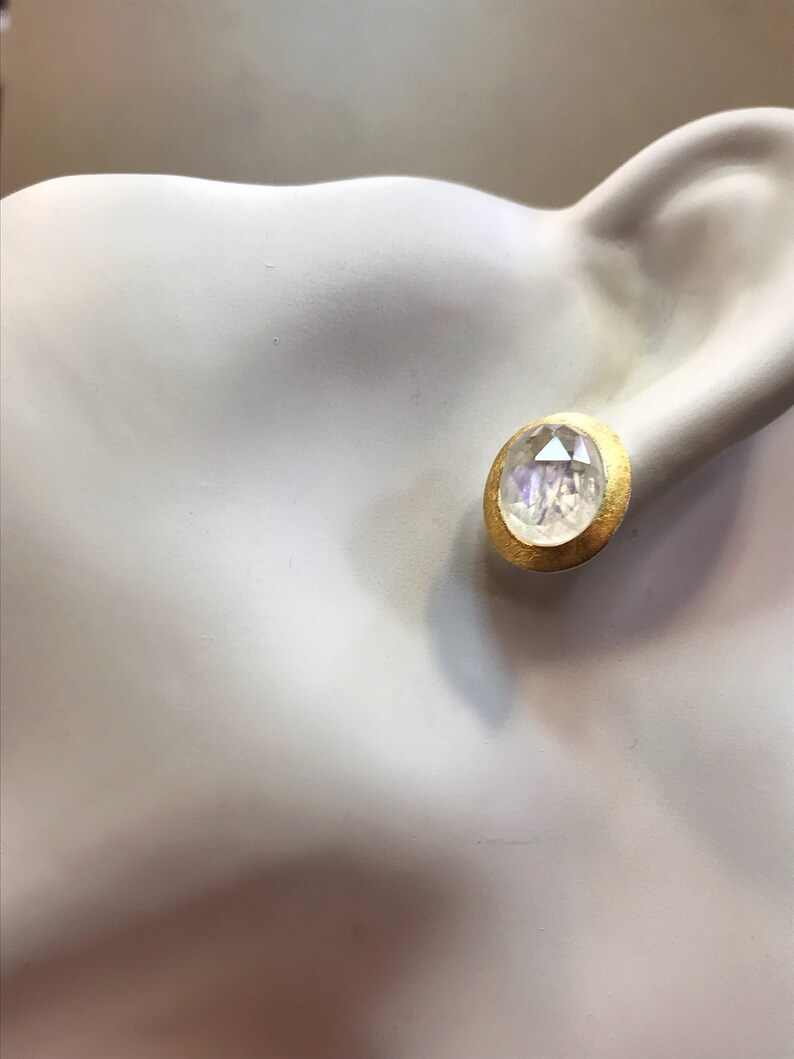 Dreamlike Labradorite stud earrings with gilded sterling silver Rainbow Moon Stone
