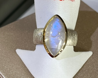 Gorgeous sterling silver ring with rainbow moonstone in navette cabocon cut and gold-plated setting Art. No. RU64