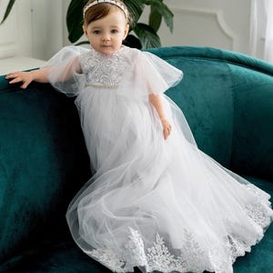 White Christening Dress for Baby Girl – Long Baptism Gown with Lace Bodice, Layered Sheer Sleeves & Beaded Waist, Multi-Layered Skirt