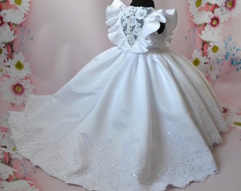 Toddler baptism dress with train,  christening gown for toddler girl, baby blessing dress