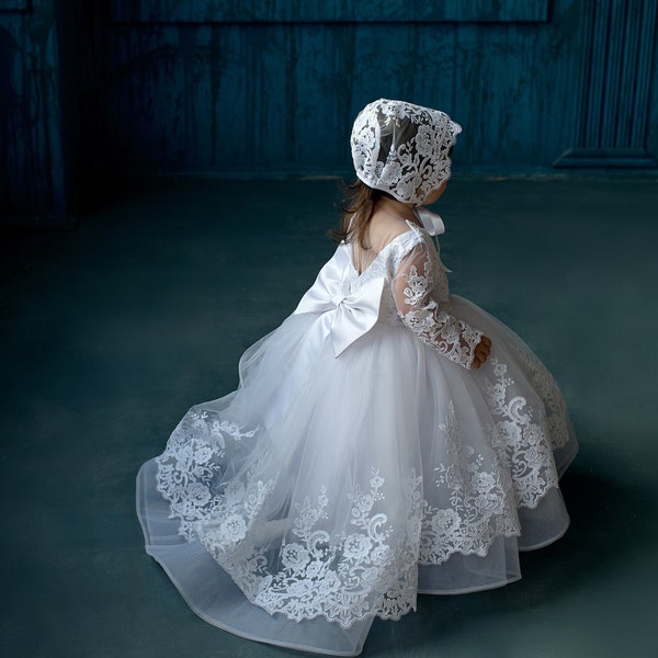 White Сhristening dress for toddler, white baptism dress for baby girl, christening dress with train, 2t 3t 4t 5t  baptism dress