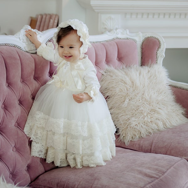 ivory baptism dress, christening gown girl, baby blessing dress, christening dresses for girls, lace baptism dress