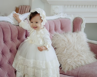 Ivory baptism dress, christening gown girl, baby blessing dress, christening dresses for girls, lace baptism dress
