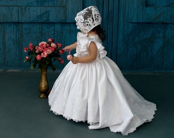 Baptism outfit, Toddler baptism dress with train,  christening gown for toddler girl, baby blessing dress, baptismal dress