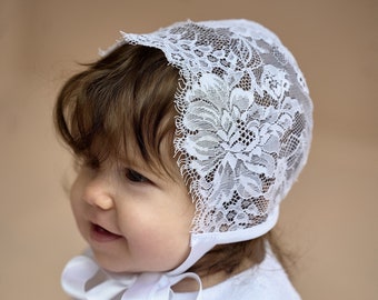 White baptism bonnet, lace baby bonnet, baby girl christening bonnet