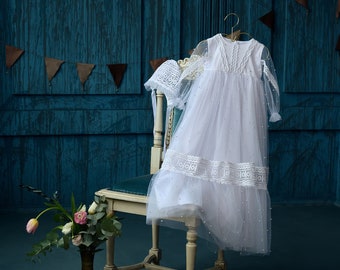 White classic long baby girl christening gown, baptism dress with pearls, baby blessing dress, christening dresses for girls, baptism gown