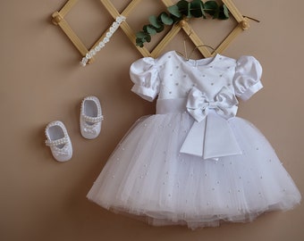 Baby girl baptism dress with pearls, toddler girl baptism dress with bow, christening gown girl, baby wedding dress,Newborn dress