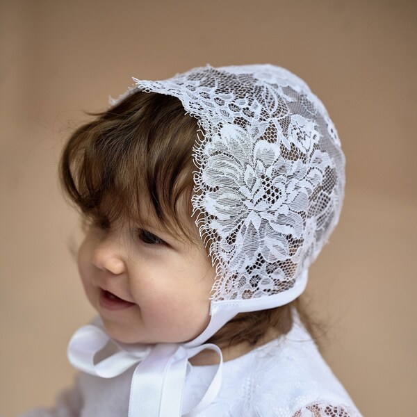 White baptism bonnet, lace baby bonnet, baby girl christening bonnet