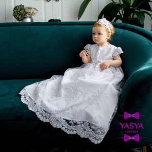 Extra long lace baptism dress, White baby girl christening gown, christening gift, baby blessing dress, christening dresses for girls