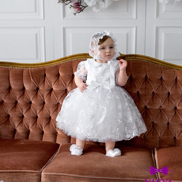 White christening gown with collar, baptism gift girl from godparents, baby girl christening dress, baby baptismal dress