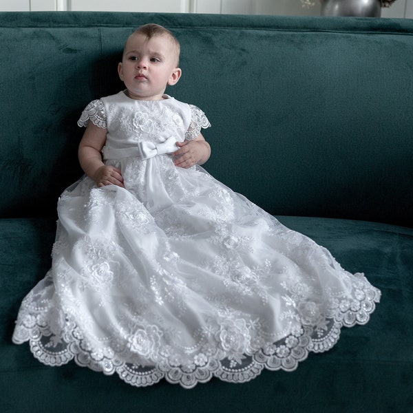 Newborn girl christening gown, white extra long baptism dress, baby blessing dress, lace baptism gown, baptism gift girl from godparents