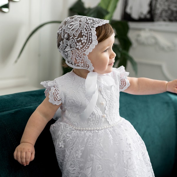 White baptism bonnet, lace baby bonnet, baby girl christening bonnet