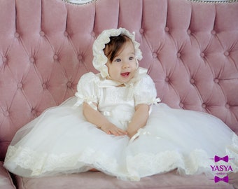 Christening gown girl, baptism dress for baby girl, ivory baptism dress