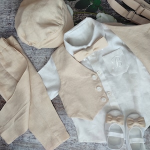 Toddler boy baptism outfit, white linen shirt, beige linen pants and suspenders and bow tie, christening outfit optional vest, shoes, cap