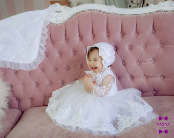 Baptism dress for baby girl, baby blessing dress, lace christening gown, christening dresses for girls, white baptism dress