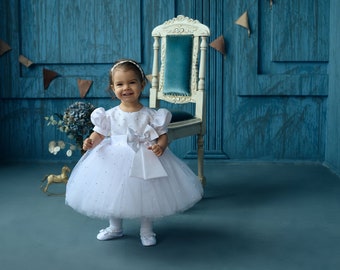Baptism dress for toddler girl, christening dress for baby girl, baby baptism dresses with bow, 2t baptism gown with pearls