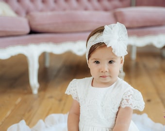 Christening headband, baby girl headband ivory