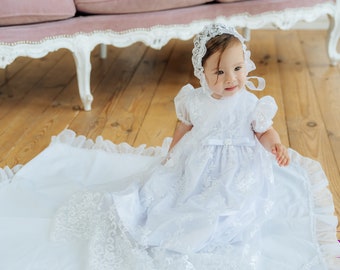 baby girl baptism dress, white baptism outfit, lace baptism dress, baby blessing dress, long christening gown, christening dresses for girls