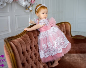 Pink dress for baby girl, first birthday dress, toddler lace dress, tulle dress, flower girl dress