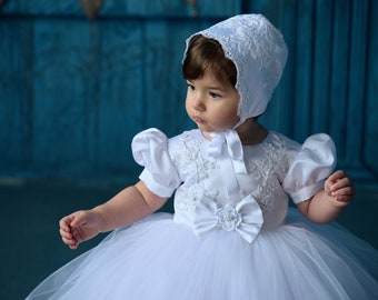 White christening bonnet, lace baby bonnet, baby girl bonnet
