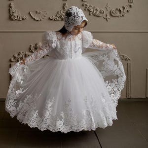 White Christening Dress for Toddler – Lace Baptism Gown – Long Sleeve Baby Girl Dress, Baptismal dress baby girl