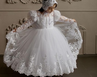 White Christening Dress for Toddler – Lace Baptism Gown – Long Sleeve Baby Girl Dress, Baptismal dress baby girl