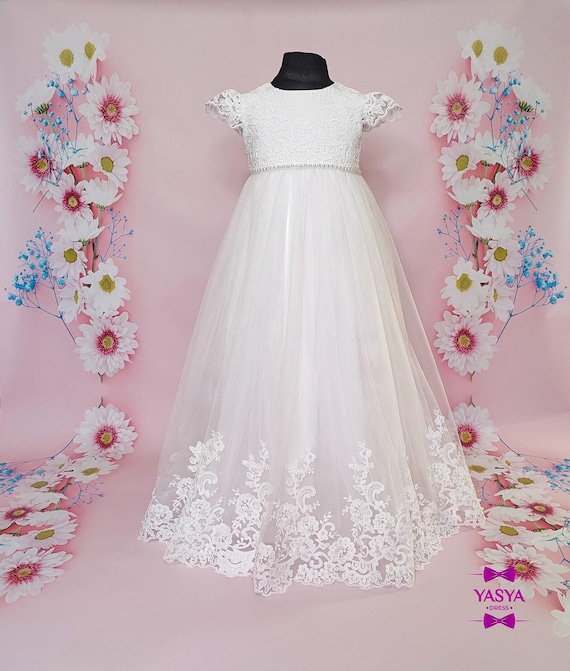 White Christening Dress, Long Baptism Gown with Lace Bodice, Pearl Waist, Baby Girl White Christening Dress, Long Baptism Gown with Lace Bodice, Pearl Waist, Baby Girl