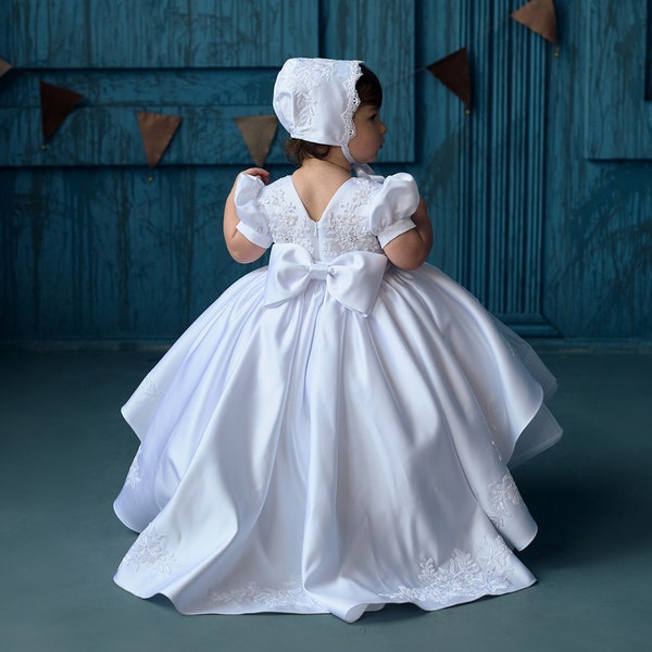 Baptism dress for toddler girl, christening gown girl with train, christening dress for baby girl, baptism dress 2t, Satin dress