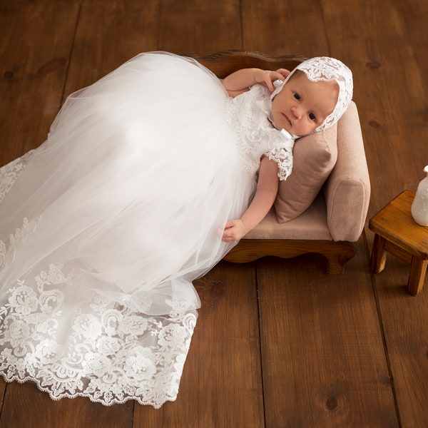 Newborn girl baptism dress, white christening gowns, baptism gift  girl from godparents