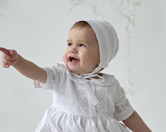 White baptism cap, linen baby boy bonnet, baby christening cap