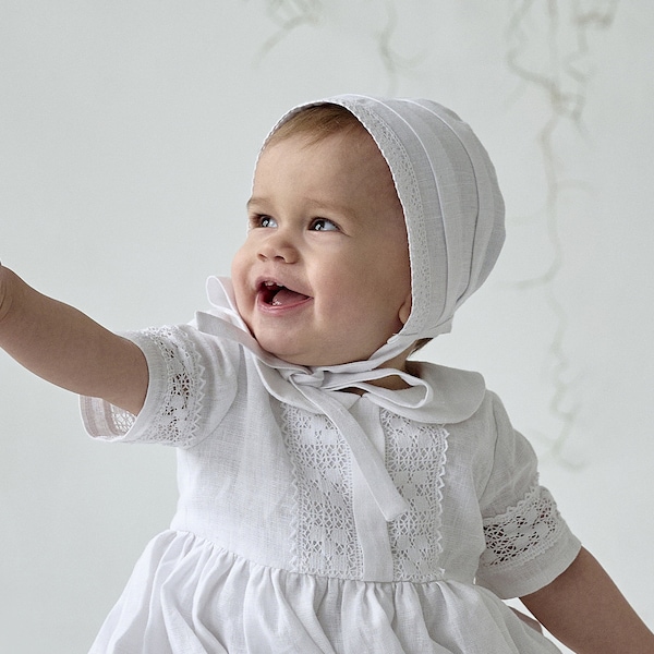 White baptism cap, linen baby boy bonnet, baby christening cap