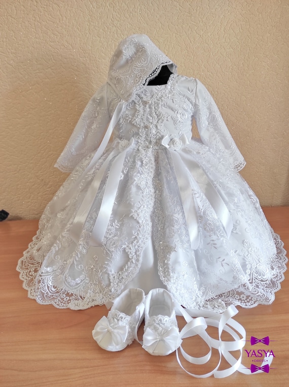 chinese dress ladies Baby Baptism Dress Long Newborn Baby Christening Gowns Birthday Party Wedding Infant Shower Dress with Bonnet, White / sleeveless / 6-12 months